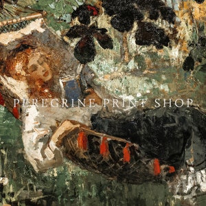 May include: A woman in a white dress reclines in a hammock, reading a book. The hammock is made of woven material and has red tassels. The woman's hair is long and flowing, and she is wearing a white dress with a floral pattern. The background is a lush green forest.