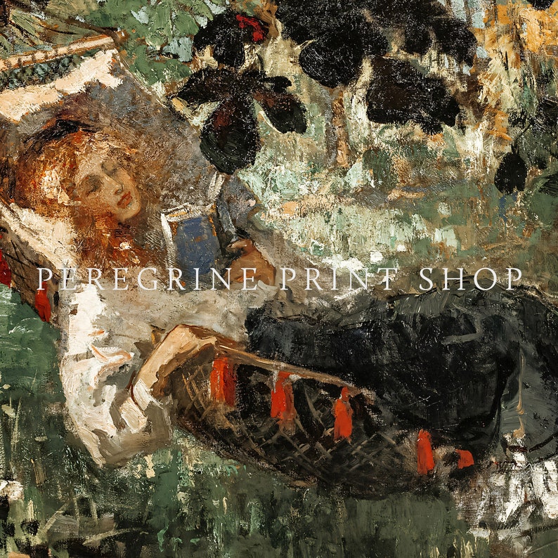 May include: A woman in a white dress reclines in a hammock, reading a book. The hammock is made of woven material and has red tassels. The woman's hair is long and flowing, and she is wearing a white dress with a floral pattern. The background is a lush green forest.