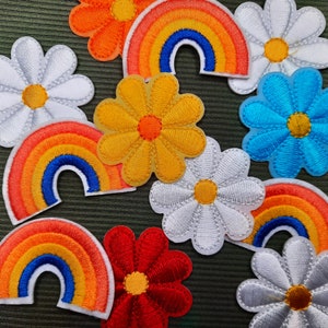 Bundle / Hippie Iron On Patches / Rainbow and Flowers / Vintage 60s Boho Embellishments / Retro 70s Embroidered Patch