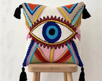 Hand Tufted Punch Needle Pillow Cover, Evil Eye Punch Needle Tufting Pillow, Cushion Pillowcase Gift For Home, Evil Eye Pillow, Punch Pillow