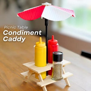 Picnic Table Condiment Caddy – 3D Printed Holder for Ketchup, Mustard, Salt & Pepper with Umbrella