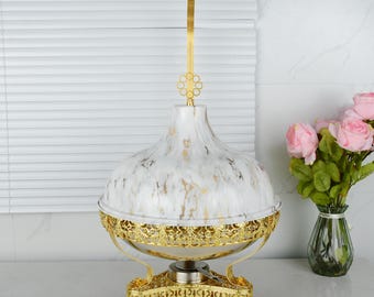 Gold Stainless Steel Chafing Dish Marble-Style Lid, Ornate Design