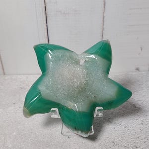 May include: A green and white star-shaped geode crystal. The crystal is displayed on a clear plastic stand. The geode has a polished, glossy surface with a crystalline centre. The star shape has five points.