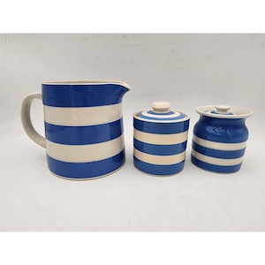 TG Green Cornishware Pottery Blue Striped 5-inch Pitcher Jug W/ 3-inch Jars VTG
