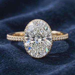 Oval Moissanite Engagement Ring - 3CT Oval Diamond Ring - Gold Bezel Set Ring - Diamond Pave Band Ring - Anniversary Gift For Her
