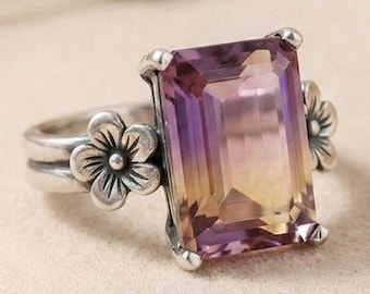 Anello con ametrina taglio smeraldo, argento sterling 925 placcato oro, pietra portafortuna di febbraio