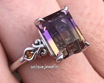 Anello statement con ametrina in argento sterling 925, anello con ametrina viola e gialla, anello con gemma bicolore, regalo di compleanno unico per donna