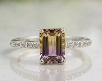 Anello in argento sterling 925 con ametrina taglio smeraldo, pietra portafortuna del mese di febbraio