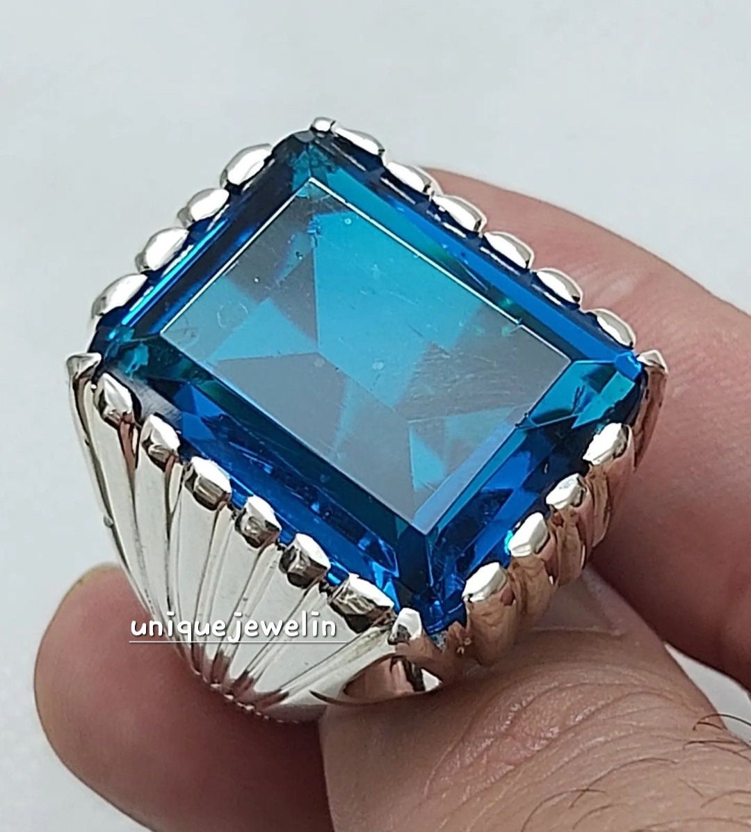 Natural Blue Topaz Men's Ring/ 925 Sterling Silver/ Heavy Men's Ring/ AAA Quality Topaz Men's
