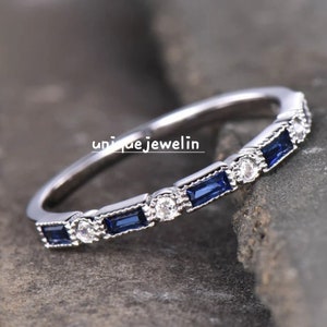 Blue Sapphire Diamond Band Half Eternity Wedding Dainty Band Anniversary Gift/ 925 Sterling Silver Jewelry/September Birthstone/