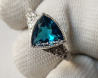 London Blue Topaz  Silver Ring- 925 Sterling Silver- Dainty Ring- Beautiful Gift For Her- Trillion Cut- Engagement Ring For Girls