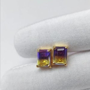 Ametrine Studsl & Real 925 Silver Ametrine 2 shade  Stud Earrings/ Ametrine Studs/ Luxury Earrings/ Purple And Yellow Gemstone Studs