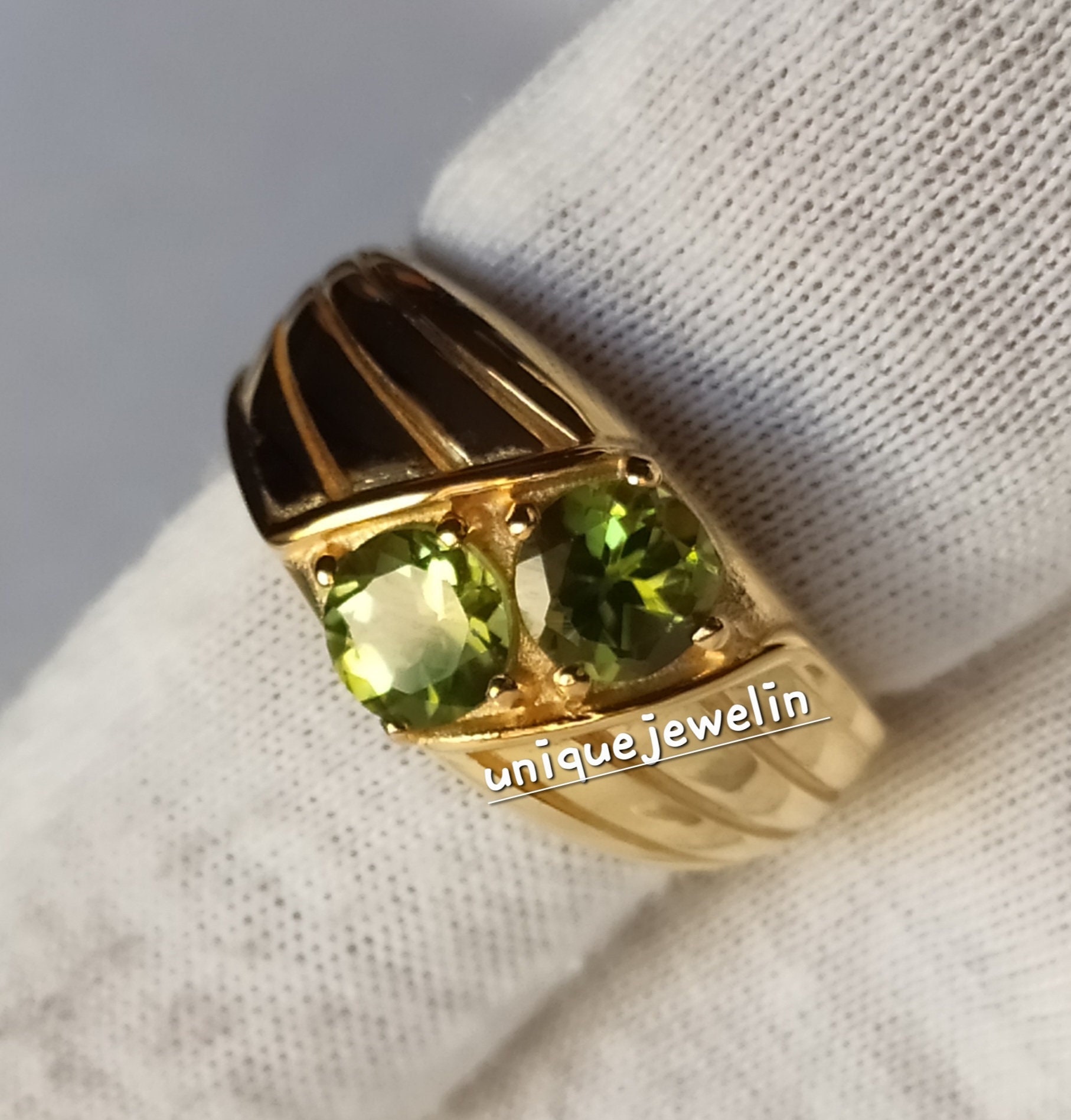 Peridot and Diamonds Three-Stone Engagement Ring, Vintage Style 14k Black  Gold 2.30 Carat Certified Unique