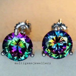 Mystic Topaz Studs/ Vintage Sterling Silver Round cut Rainbow Topaz Stud Earrings/Mystic Rainbow Topaz, Fire Topaz Round gemstone.