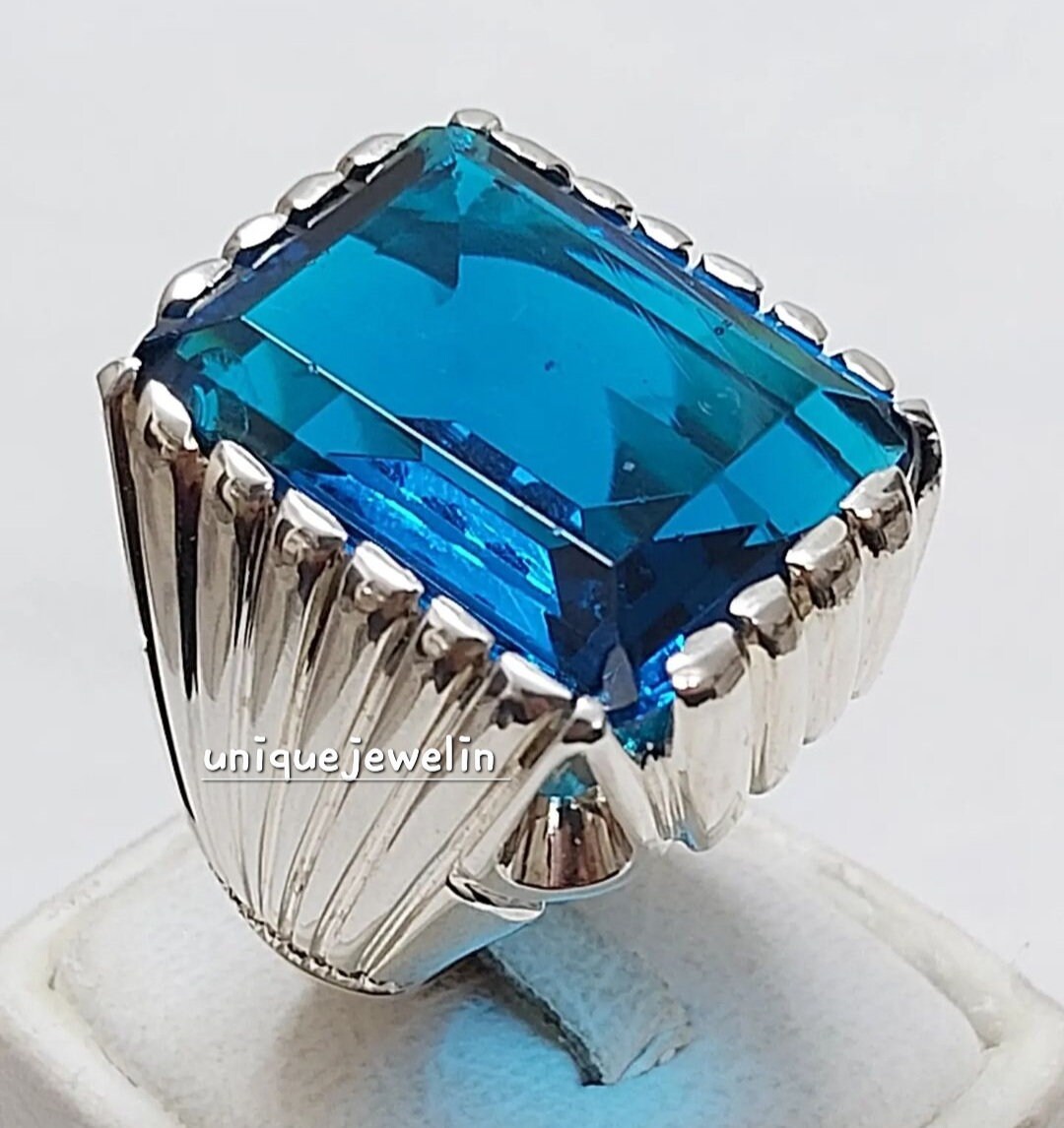 Natural Blue Topaz Men's Ring/ 925 Sterling Silver/ Heavy Men's Ring/ AAA Quality Topaz Men's