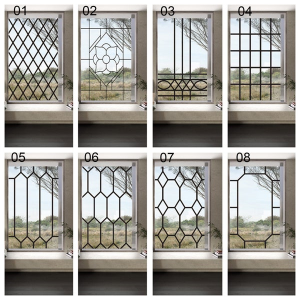 Benutzerdefinierte Größe Buntglas-Fensterfolie, transparenter Glasaufkleber, statische Haftung, Eisen-Stil, schwarze Linie, Bürotür, Antikollision, Heimdekoration