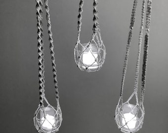 3 Glass Tealight Candle Holders. White with silver metallic thread and pearl beads Macrame hanger