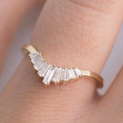 Tapered Baguette Diamond Curved Wedding Band Women 14K Solid Etsy