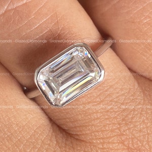 3CT Emerald Cut Diamond Engagement Ring, East West Ring, Emerald Moissanite Bezel Set Ring, Solitaire Ring, 14K Yellow Gold Wedding Ring