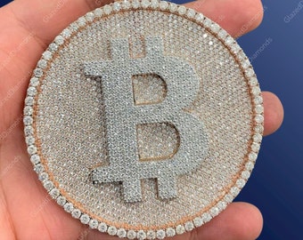 Hip Hop Bitcoin Pendant, Round Brilliant Cut Colorless Moissanite, Custom Cryptocurrency Pendant, 925 Silver Fully Iced Out Bitcoin Pendant