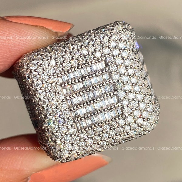 Men's Huge Iced Out Custom Square Cluster Hip Hop Rapper Pinky Ring, Baguette Moissanite Diamond Solid 925 Sterling Silver, Bust Down Ring