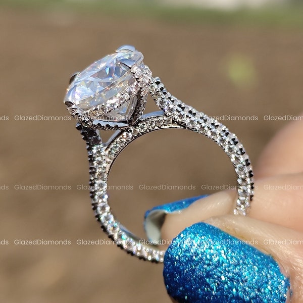 Anillo de compromiso de corte redondo de 5CT, anillo de halo oculto de moissanita grande, anillo nupcial con pavé de halo secreto, anillo de bodas de oro de 14 quilates para mujeres, regalos de aniversario