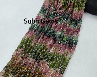Fio de contas facetadas de turmalina natural multicolorida em formato de almofada, ideal para confecção de joias.