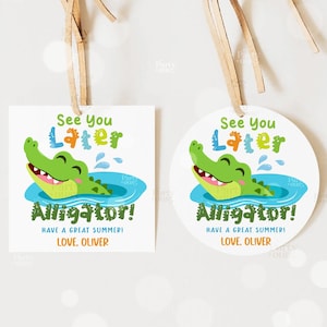 Etiqueta editable para el último día de clases, etiquetas de regalo para amigos de fin de año, plantilla de etiqueta imprimible con diseño de cocodrilo para recuerdo de fiesta de verano, descarga digital instantánea