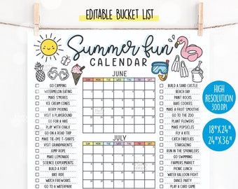 Editable Summer Calendar Poster Printables Summer Fun Bucket List Family Planner Checklist Printable Template Instant Digital Download