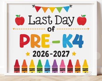 Placa para imprimir do último dia de aula, ideal para fotos escolares, decoração para o final do ano letivo, para crianças em idade pré-escolar e professores. Download digital instantâneo.