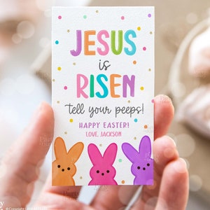 Etichette regalo di Pasqua modificabili Gesù è risorto Dillo ai tuoi amici Etichetta per cestino di Pasqua Dolcetto Scuola Chiesa Bambini Etichetta stampabile Download digitale istantaneo