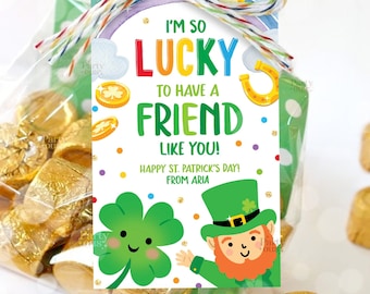 Editable St Patricks Day Gift Tags I'm So Lucky To Have A Friend Like You School Classroom Printable Rainbow Label Instant Digital Download