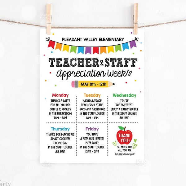 Editable Teacher Appreciation Week Itinerary Poster Teachers Staff Appreciation Week Event Flyer Printable Template Instant Digital Download