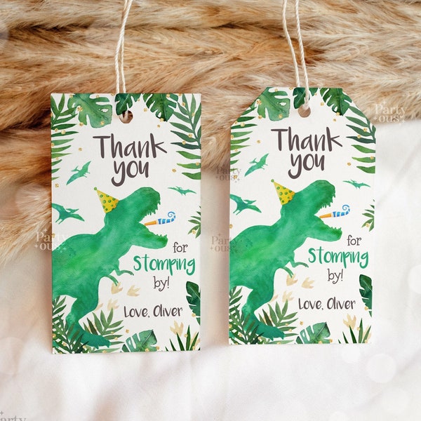 Editable Dinosaur Birthday Favor Tags Dino Party Gift Tags Thank You Label Jurassic Three Rex Tag Template Instant Digital Download