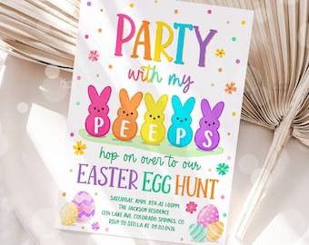 Puede incluir: Una invitación colorida para una búsqueda de huevos de Pascua con el texto "Party with my PEEPS hop on over to our EASTER EGG HUNT." La invitación incluye detalles del evento, incluida la fecha, la hora, la ubicación y la información de contacto.