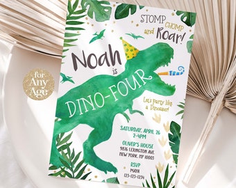 May include: Green dinosaur birthday party invitation with the text "Noah is Dino-Four" and a green dinosaur wearing a party hat. The invitation includes the date, time, and location of the party.