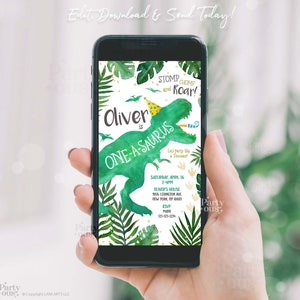 Dinosaur Birthday Digital Invitation Mobile Phone Editable Template 1 year old Dino 1st Birthday Party Invite Instant Digital Download