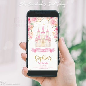 May include: A pink and gold princess castle birthday invitation with a floral border. The invitation says "Join us to celebrate Princess Sophia's 3rd Birthday".