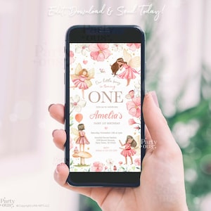 Invito digitale per compleanno fata Modello modificabile per telefono cellulare Invito per la prima festa di compleanno della ragazza del giardino della fata rosa Download digitale istantaneo