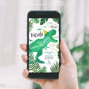 Dinosaur Birthday Digital Invitation Mobile Phone Editable Template 7 year old Dino 7th Birthday Party Invite Instant Digital Download