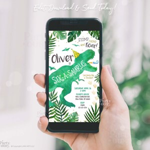Dinosaur Birthday Digital Invitation Mobile Phone Editable Template Six 6 year old Dino 6th Birthday Party Invite Instant Digital Download