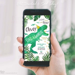 Dinosaur Birthday Digital Invitation Mobile Phone Editable Template 5 year old Dino 5th Birthday Party Invite Instant Digital Download