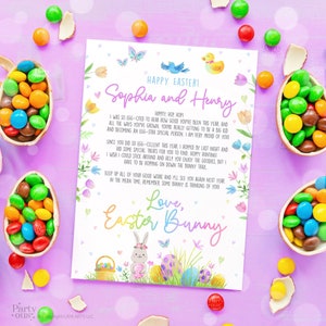 Carta de conejito de Pascua editable Cesta de Pascua Regalo para hermanos Niños Desde el escritorio del conejito de Pascua Plantilla imprimible Descarga digital instantánea