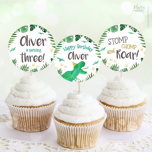 Editable Dinosaur Birthday Cupcake Toppers Decorations Dino Party Template Instant Digital Download Printable Three Rex Jurassic Cake Topper