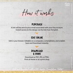 May include: How it works: A pink and gold graphic with instructions for purchasing, editing, and downloading a printable design. The text says "Purchase", "Edit Online", and "Download & Print".