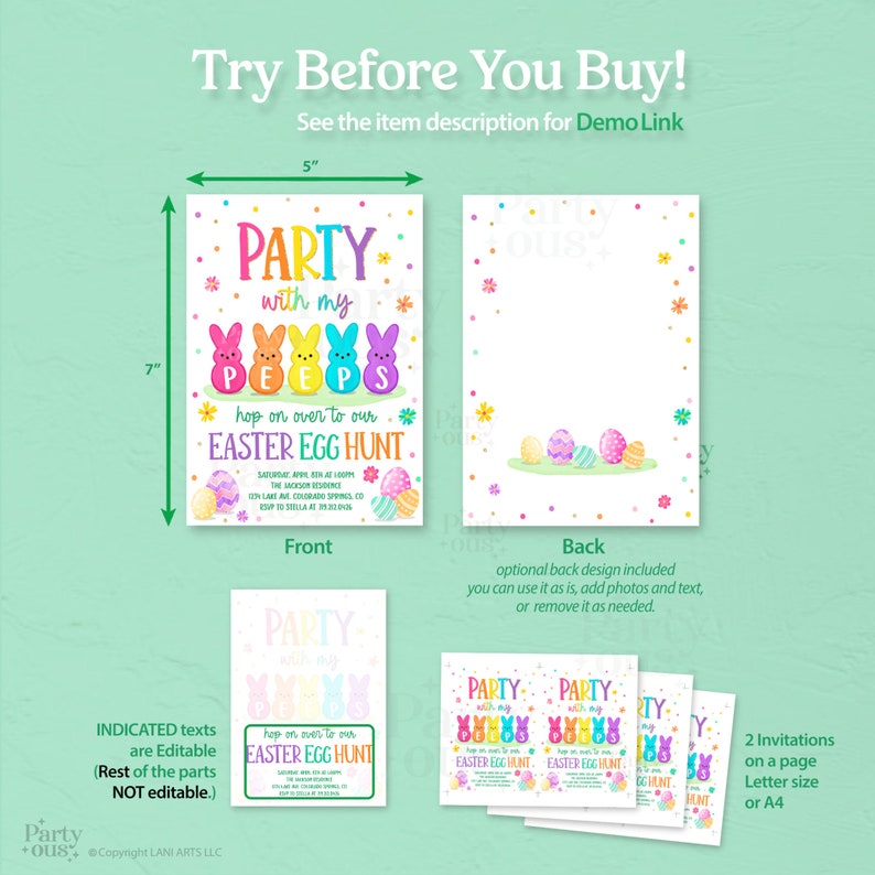 May include: Printable invitation for an Easter egg hunt with a party theme. The invitation features a colorful illustration of Peeps candy and the text "Party with my Peeps hop on over to our Easter Egg Hunt".