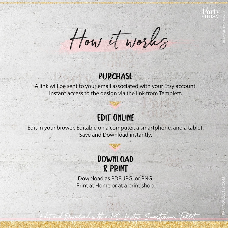 May include: How it works: A pink and gold graphic with instructions for purchasing, editing, and downloading a printable design. The text says "Purchase", "Edit Online", and "Download & Print".