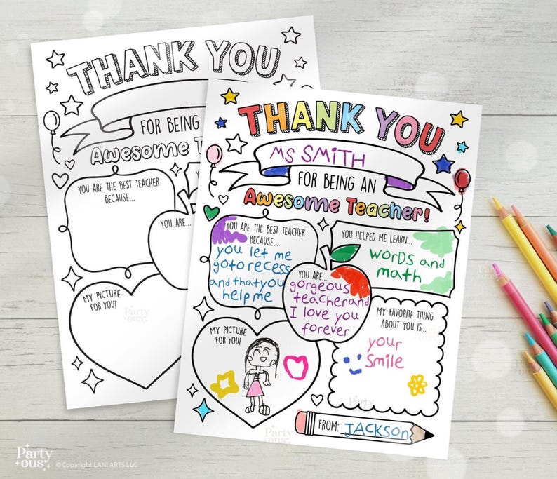May include: A printable thank you card for a teacher. The card has a colorful design with stars, hearts, and a speech bubble. The text on the card says "Thank You Ms. Smith for being an Awesome Teacher!" and "You helped me learn... words and math".
