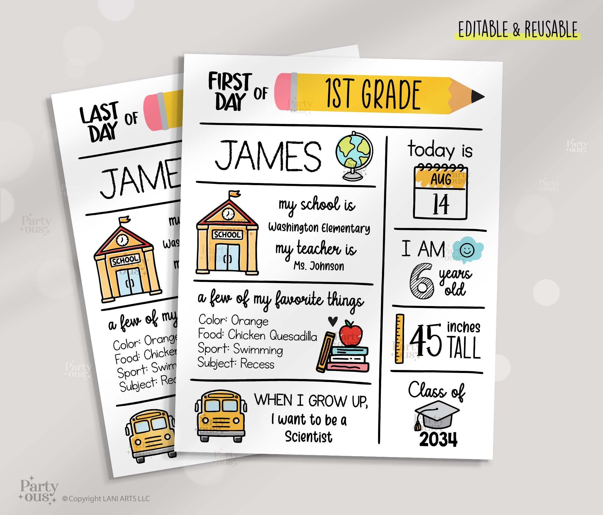 Editable Back to School Sign First Day of School Sign Printable Reusable Personalized Signs Template Kids Teacher Instant Digital Download