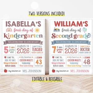 Puede incluir: Dos letreros personalizables para el primer día de clases. Un letrero es para el jardín de infancia de Isabella, y el otro es para el segundo grado de William. Ambos letreros incluyen la edad del niño, la fecha y sus cosas favoritas. Los letreros son editables y reutilizables.